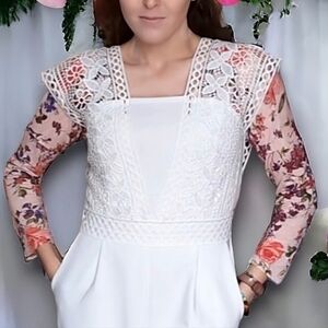 M • Suzy Shier • White Crochet Lace Detail Square Neckline Cropped Jumpsuit